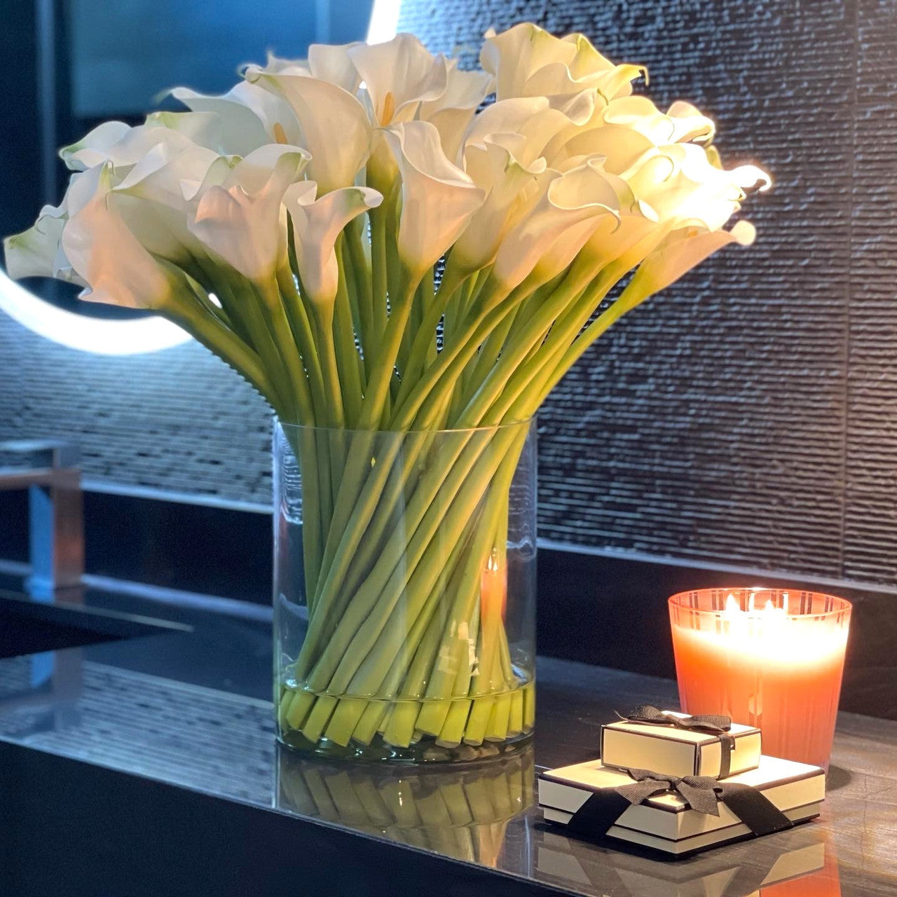 Calla Lilies in a 25 cm Glass Cylinder