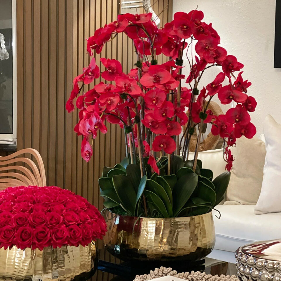 Red Phalaenopsis Orchids in a Medium Gold Vase