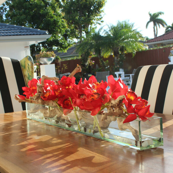 120 cm Modern House Glass Planter with red Cymbidium orchids.