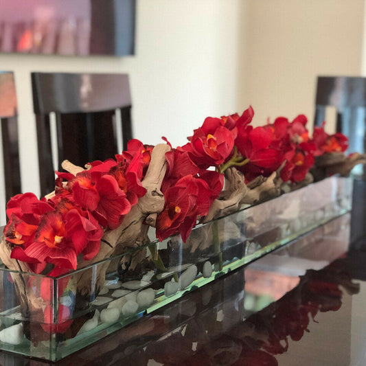 120 cm Modern House Glass Planter with red Cymbidium orchids.