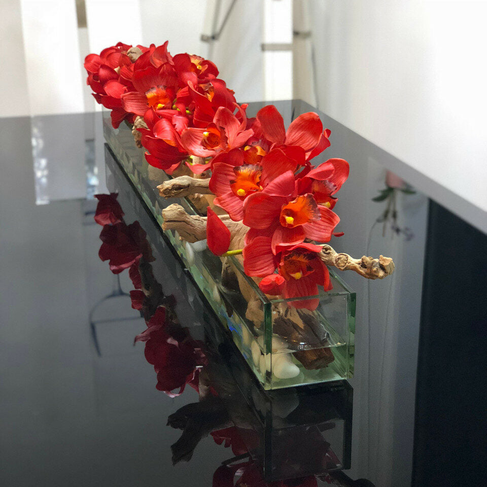 120 cm Modern House Glass Planter with red Cymbidium orchids.