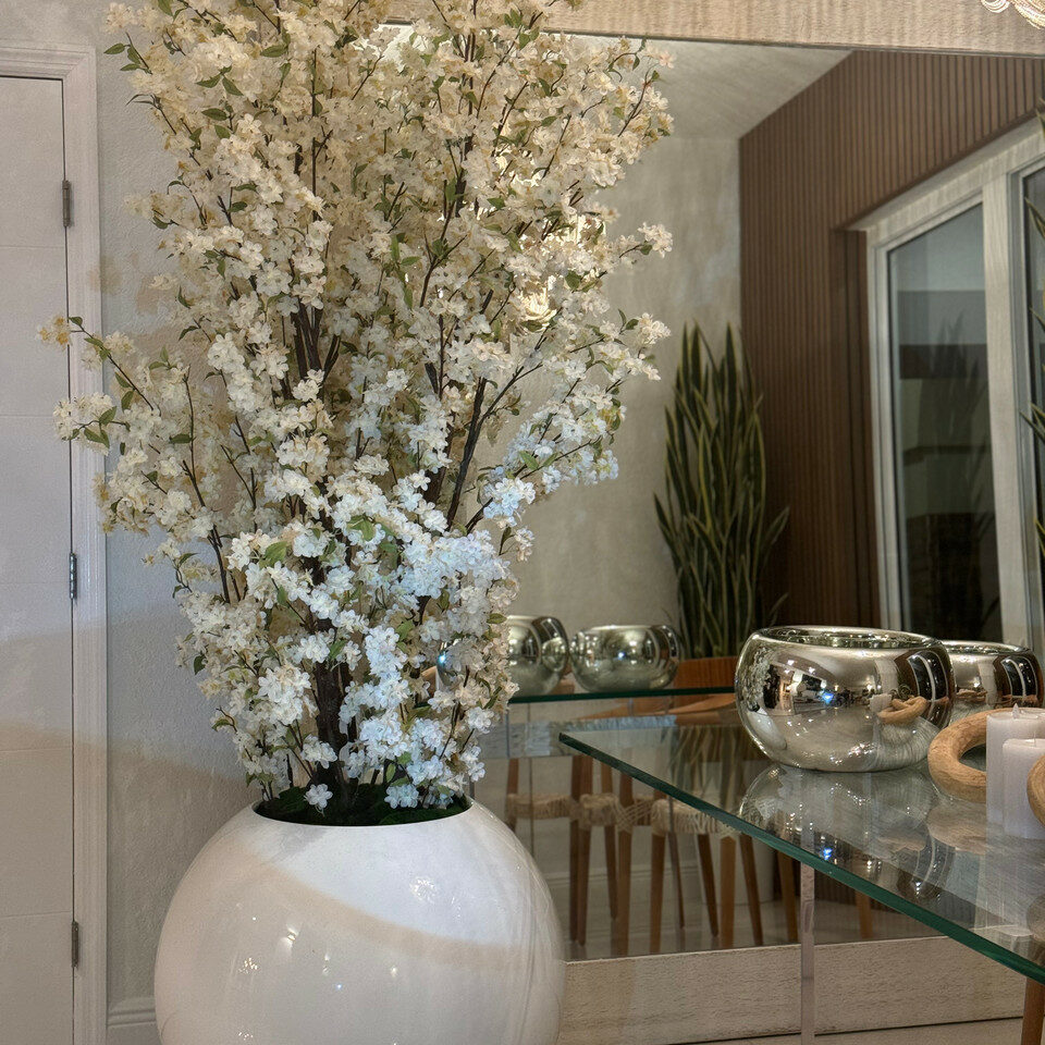 76 cm Glossy White Spherical Vase with White Cherry Blossom Branches