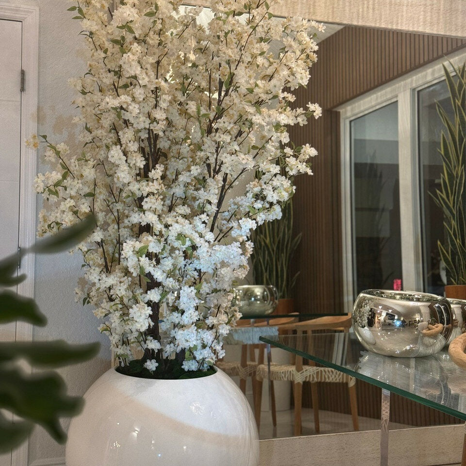 76 cm Glossy White Spherical Vase with White Cherry Blossom Branches