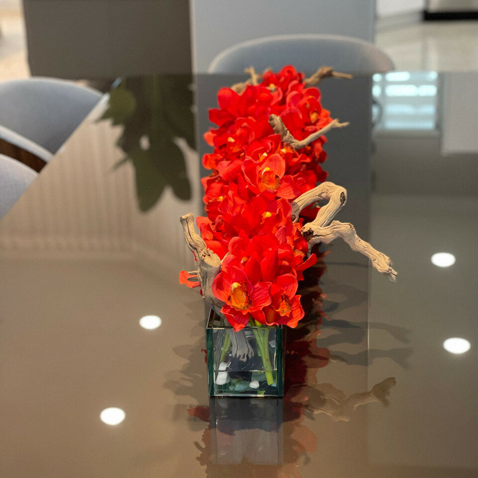 Modern House Glass Vase with Red Cymbidiums