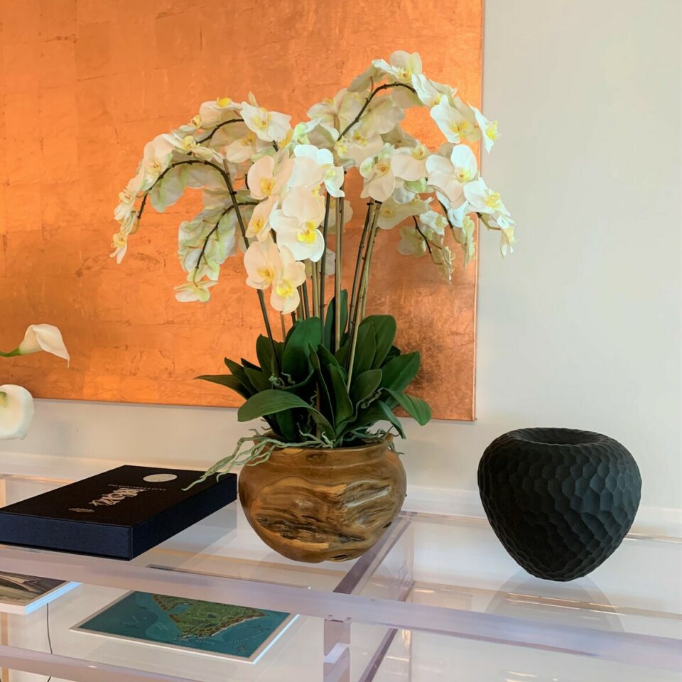 Large teak bowl with white orchids