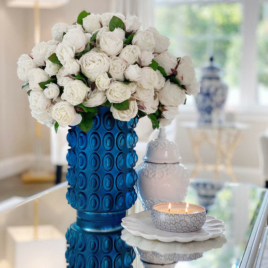 English White Roses in Textured Blue Pot