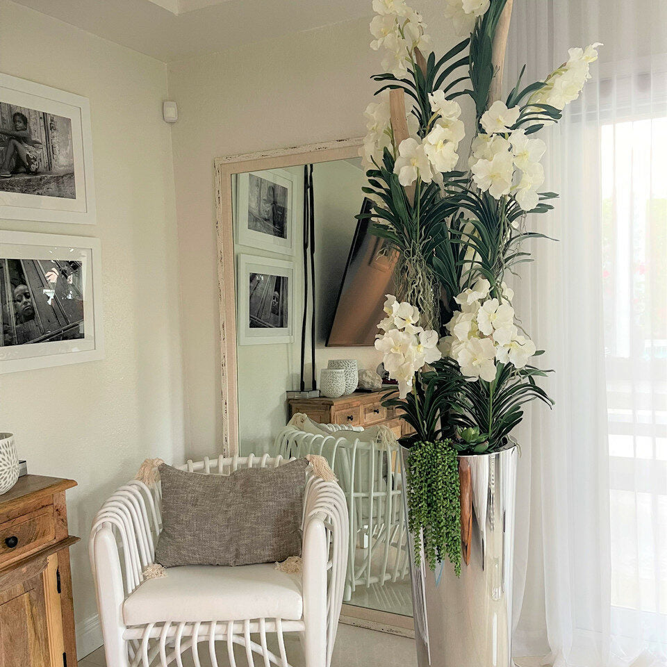 White Vanda Orchids in Stainless Steel Cone Jardiniera