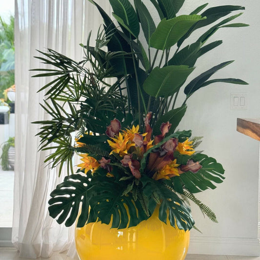 Tropical Plant Arrangement in a Yellow Globe Pot